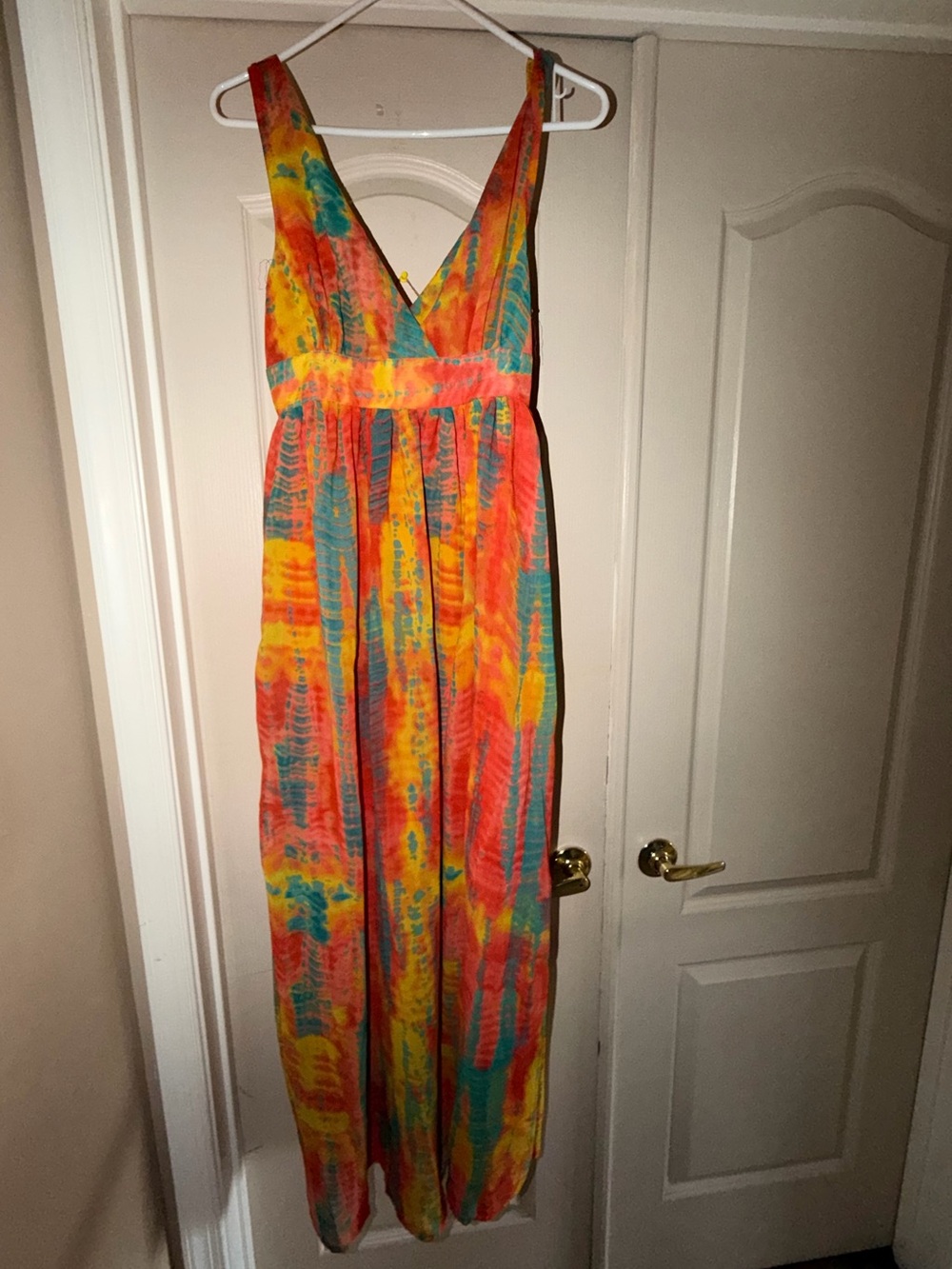 Tie-Dye V-Neck Maxi Dress in Orange, Yellow & Teal